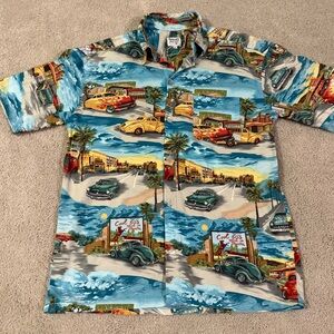 Vintage Hummingbird Brand Mens Hawaiian Button Down Shirt W/ 1950s Hot Rod Cars